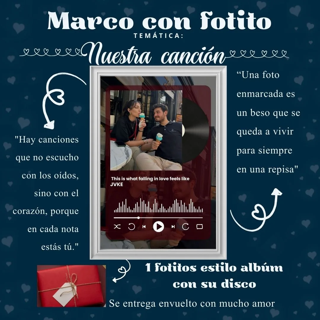 Marco temático estilo reproductor musical con foto y disco